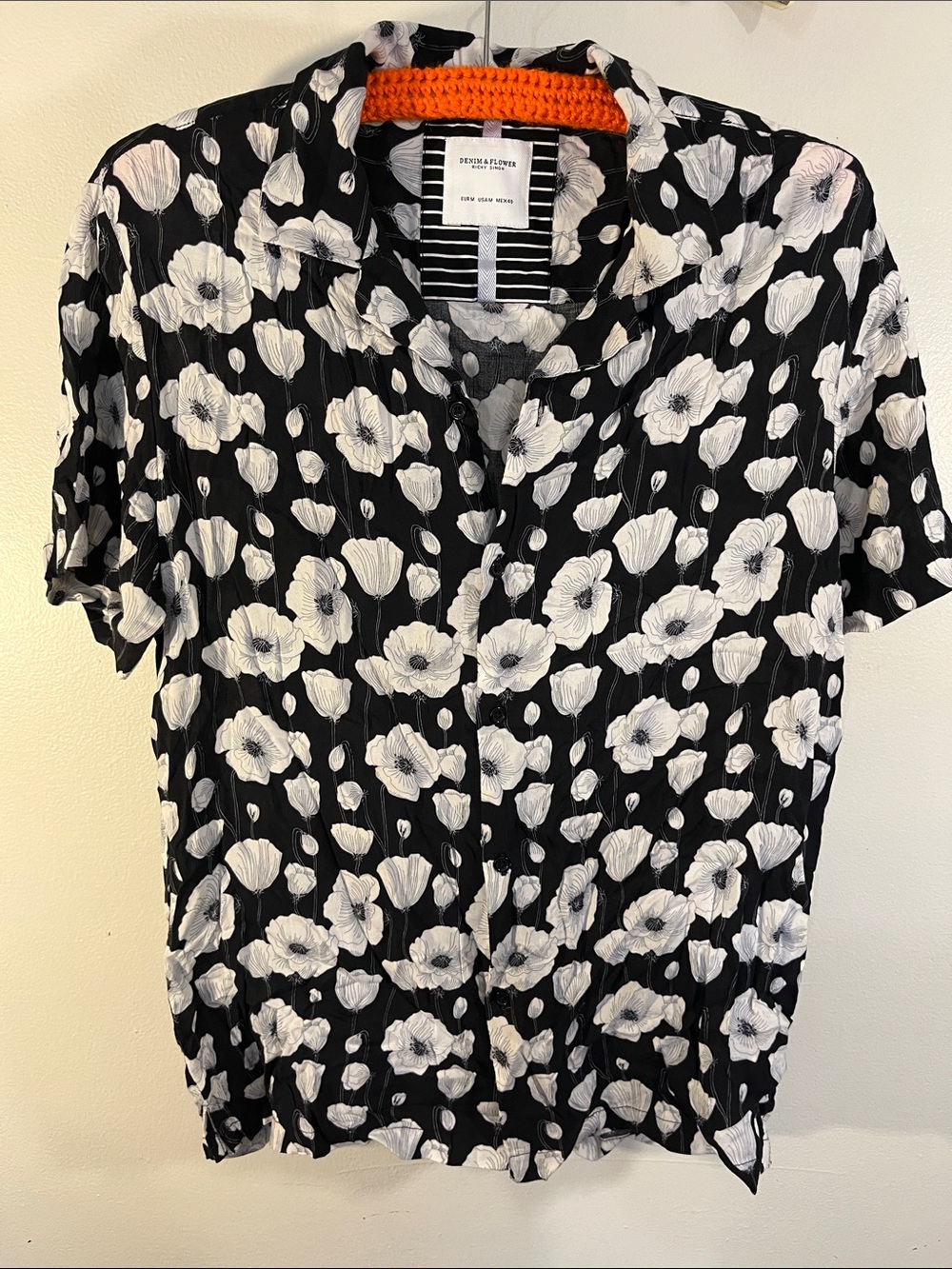 Denim & Flower Black Short-Sleeve Button-Down with White Floral Print